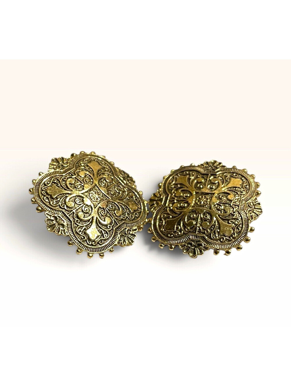 Vintage Gold Tone Ornate Cross Statement Button Earrings Repousse Filigree